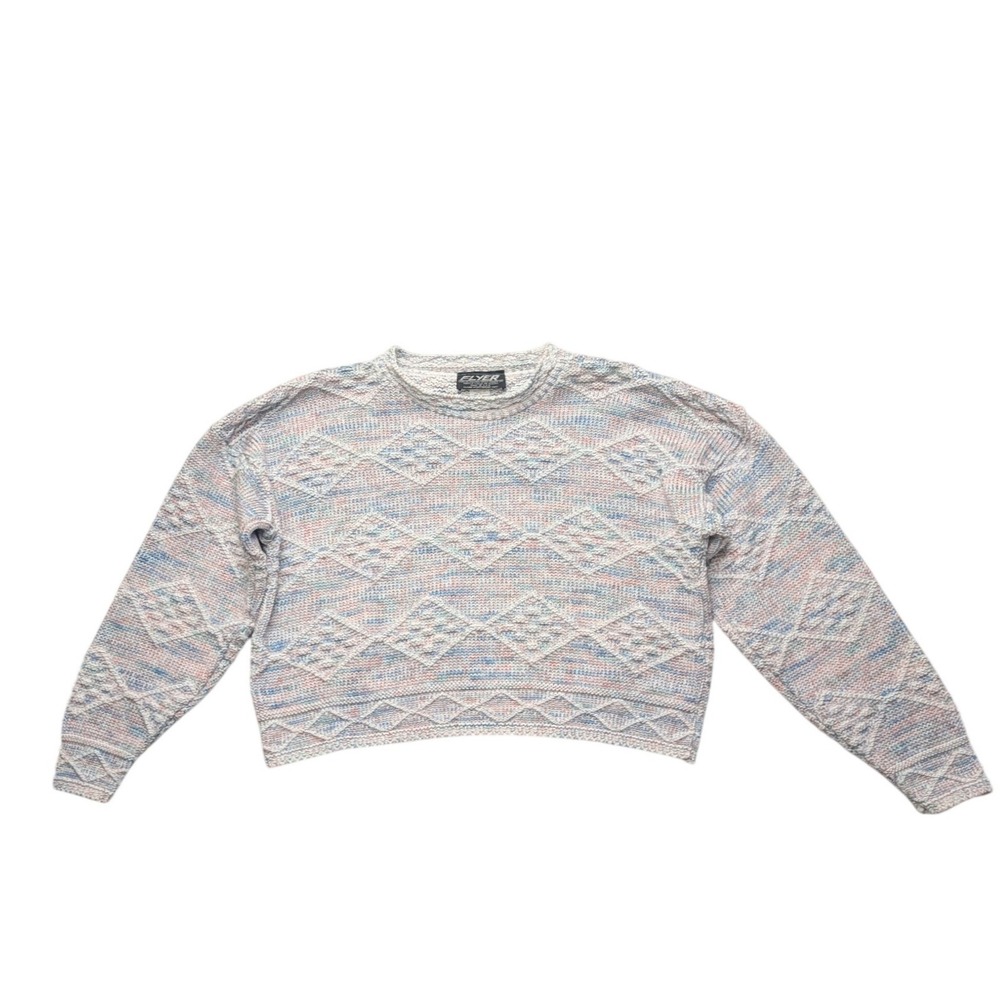 Vintage Flyer Knit Sweater Womens M Pastel Pink Blue Diamond Cable Knit USA